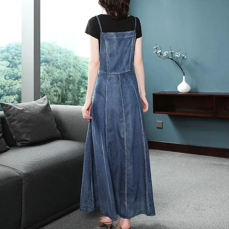New Womens Denim Halter Long Dress Spring Summer Vintage Embroidery Pullover Dresses Female Casual Sleeveless Cowboy Dresses 4XL