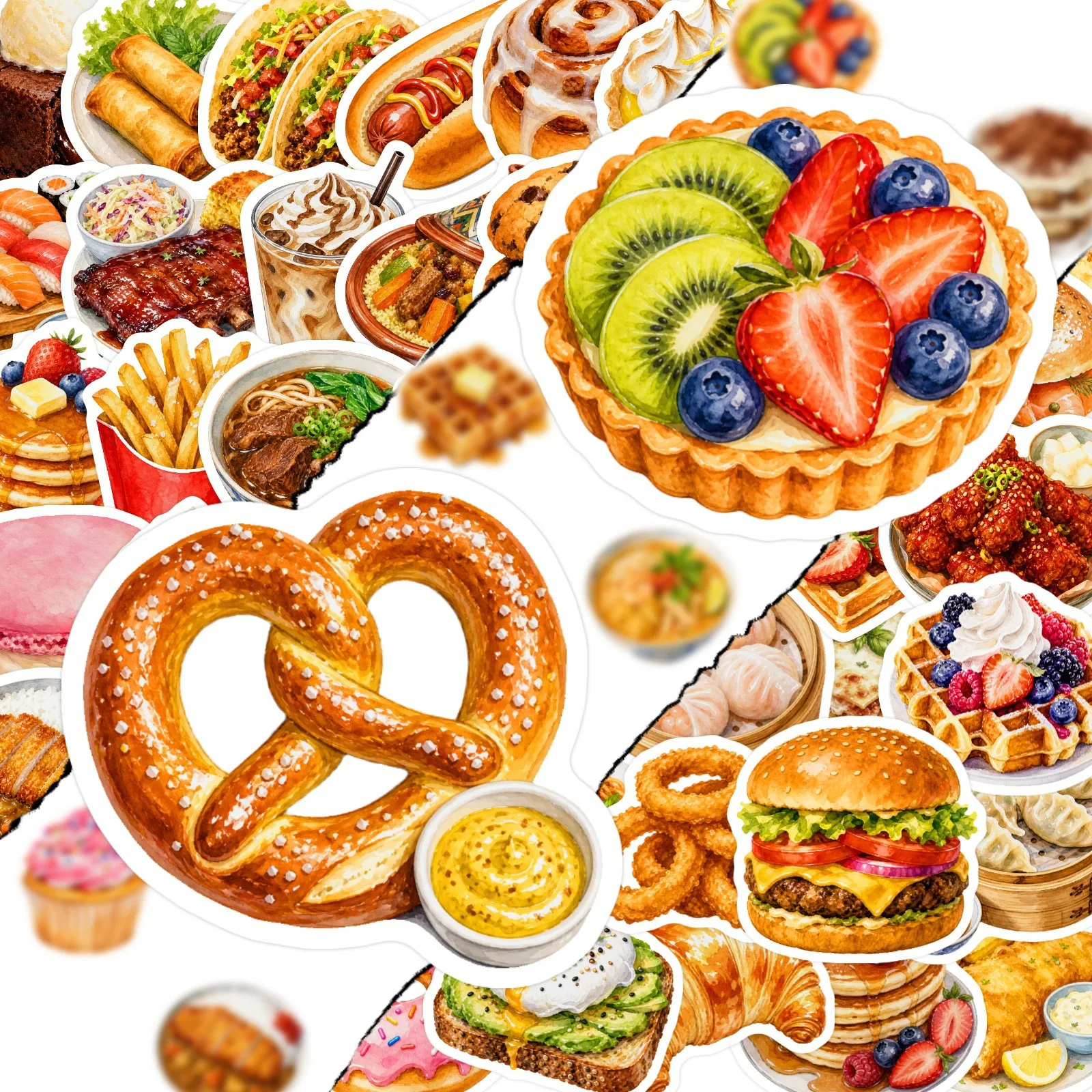50-Pack Western Food Sticker Set Bread Dessert Burger Sushi Ramen Waterproof Decals for Laptops Guitars Luggage Stationery
