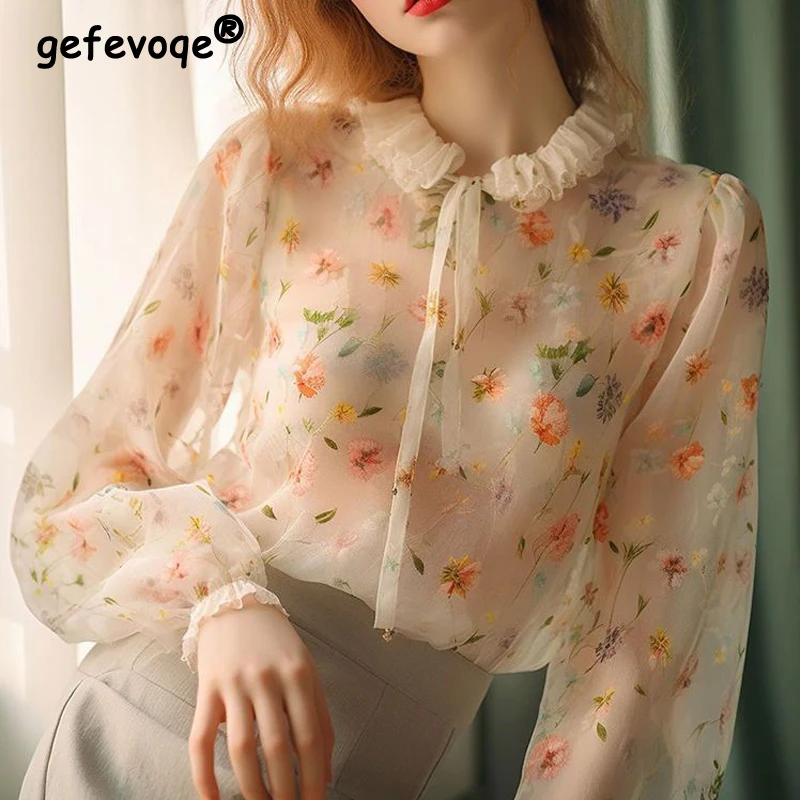 Women\'s Ruffled Floral Printed Lace Up Blouse Vintage Long Sleeve Chiffon Shirt Sweet Chic Fairy Tops 2024 Spring Autumn Blusas