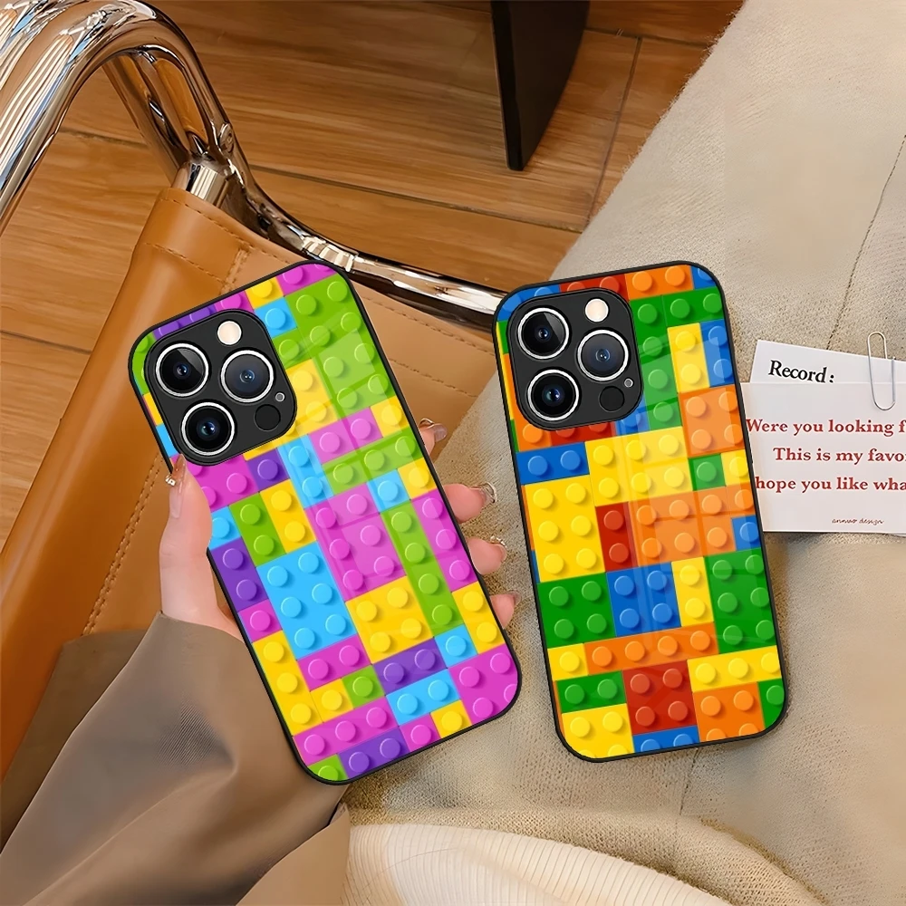 L-Lego Bricks background Phone Case Tempered Glass For iPhone 16 15 13 14 12 11 Pro XS Max Plus Mini SE2020 Coque