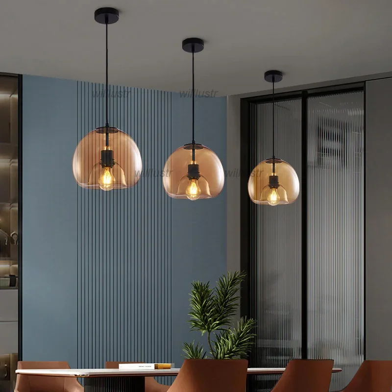 

Mouth Blown Glass Pendant Lamp Smoke Amber Apple Suspension Light Hotel Store Dining Room Cafe Bar Hanging Ceiling Chandelier