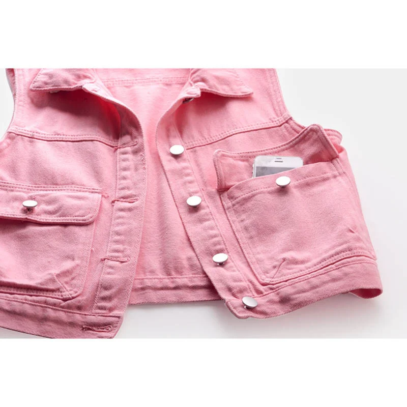 Zomer Mode Roze Denim Vest Vrouwen Student Vest Grote Zak Cowboy Mouwloze Jas Jas Slanke Korte Jeans Vesten Vrouwelijke