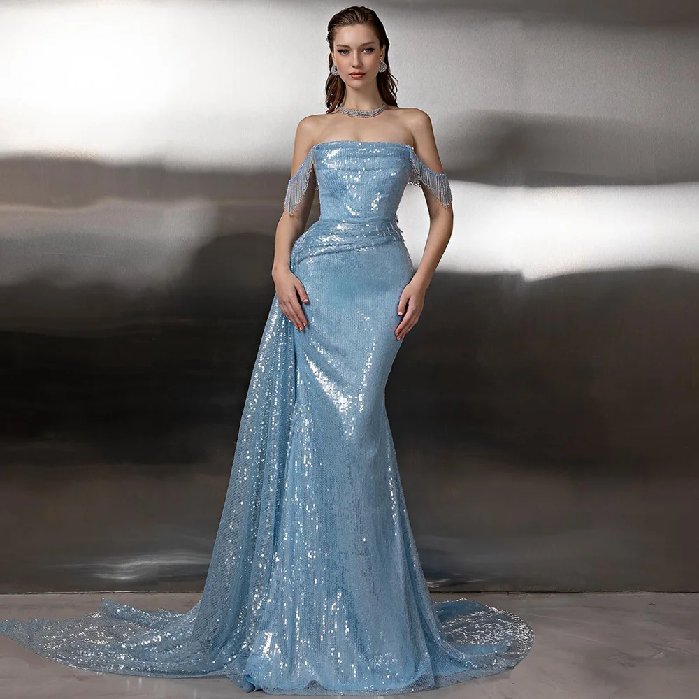 Vestido de noche de sirena con lentejuelas a la moda, personalizado, con hombros descubiertos, tren de barrido de cristal, vestido de fiesta de sirena árabe