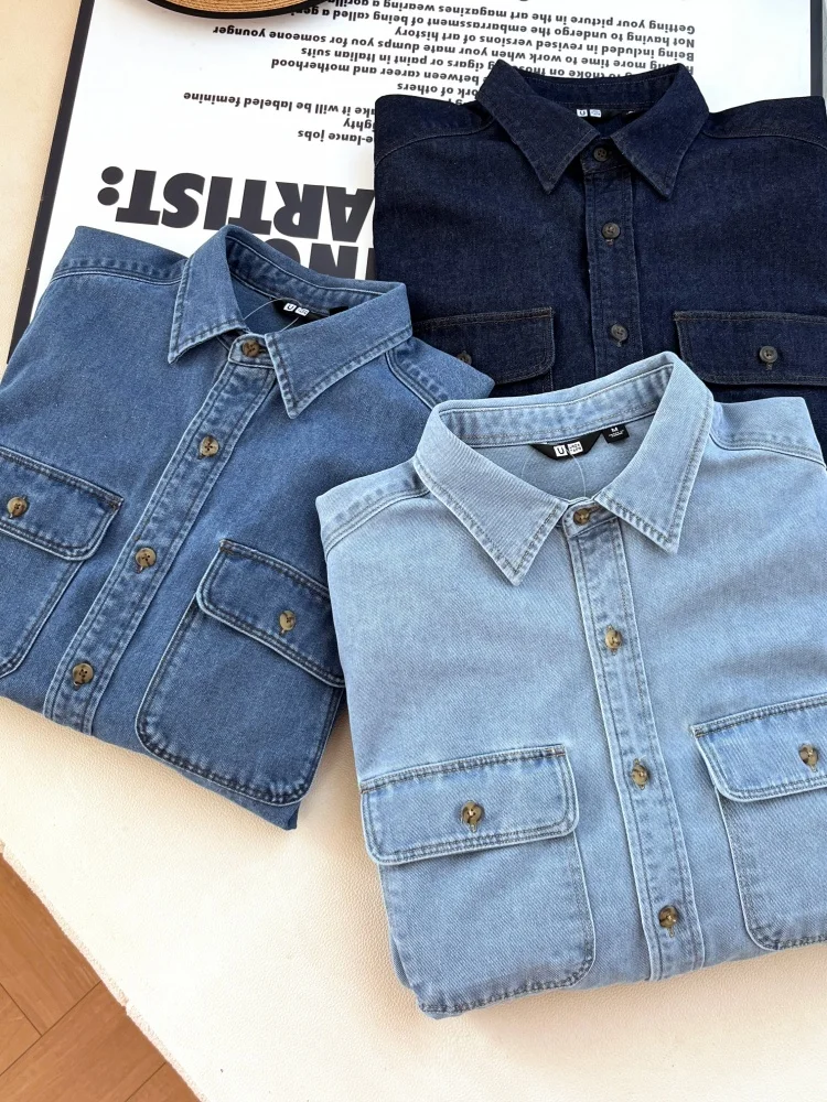 

Washable Denim Commuter Collar Shirt Jacket Basic Versatile Skin-friendly Spring Summer Couple's Fashion Urban Workwear