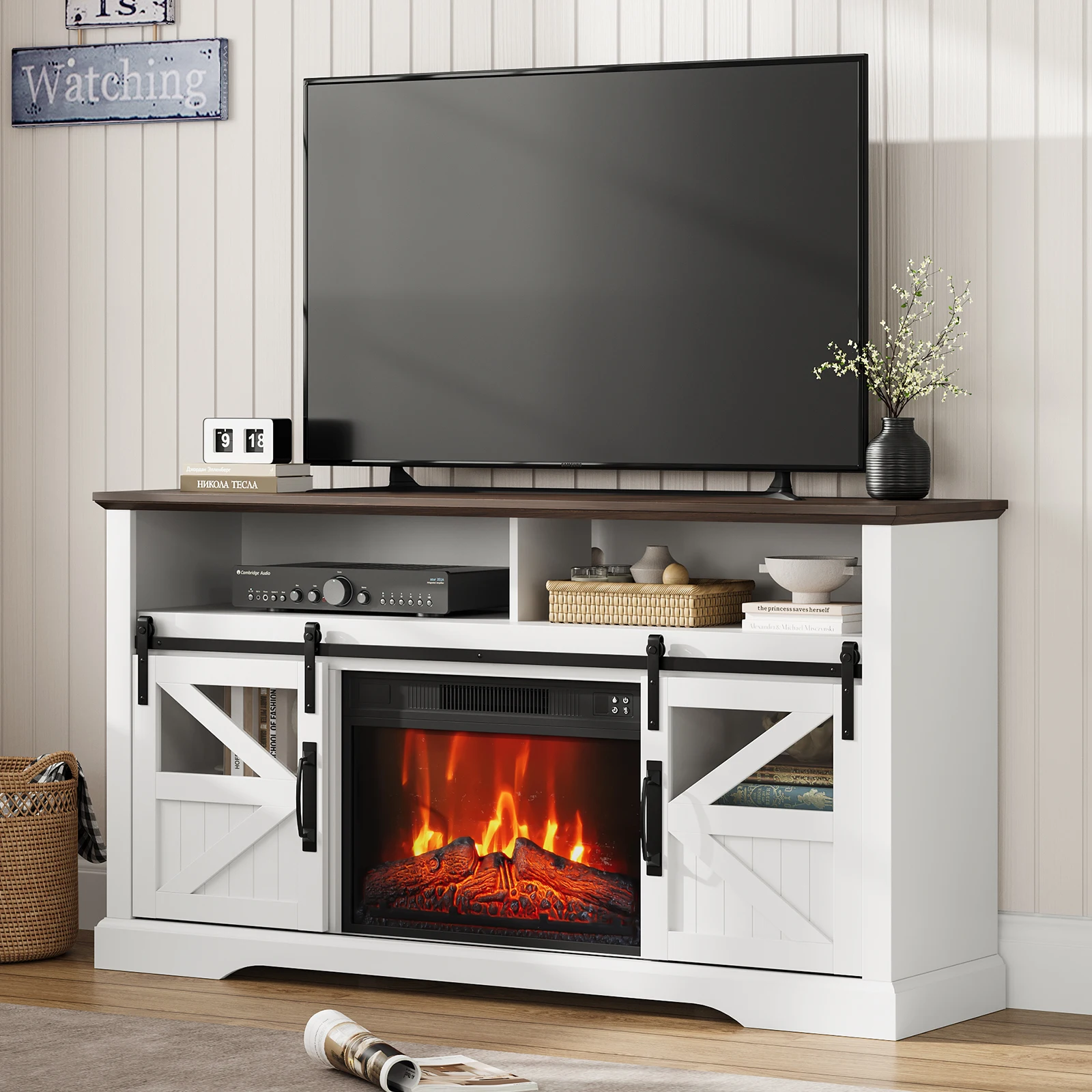 Farmhouse Electric Fireplace TV Stand, Large Wooden Media Console for TVs up to 70", 23" Fireplace Insert with Remote, Sliding Barn Doors, Storage Cabinets & Shelves