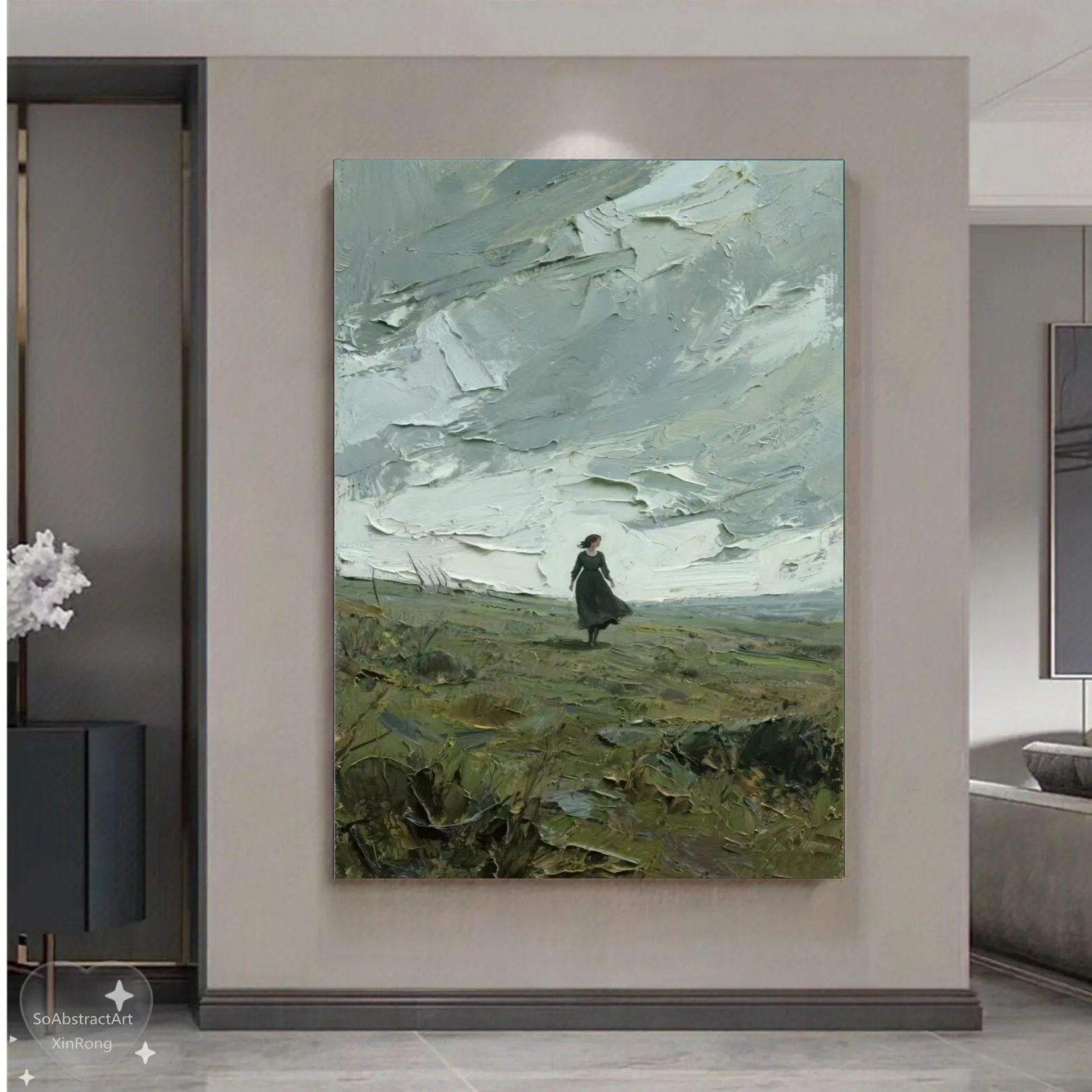 pintura-artesanal-de-paisaje-verde-de-mhemyo-nina-caminando-por-el-cesped-cielo-gris-grande-texturizado-arte-en-lienzo-de-naturaleza-decoracion-para-el-hogar