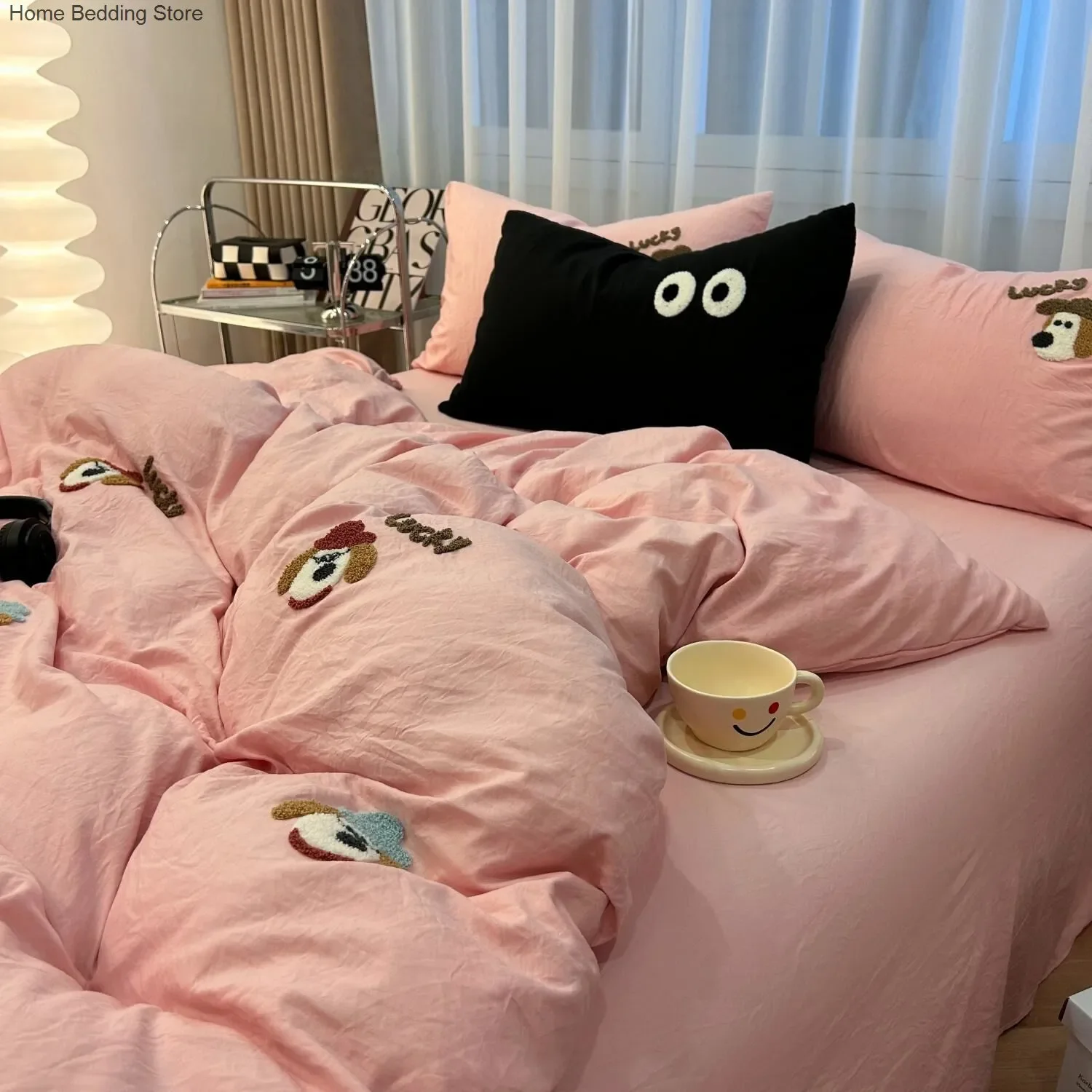 

Ins Cartoon Cute Dog Bedding Set Towel Embroidery Duvet Cover Queen Twin Full Size Pink Bed Flat Sheet Quilt Cover Pillowcases