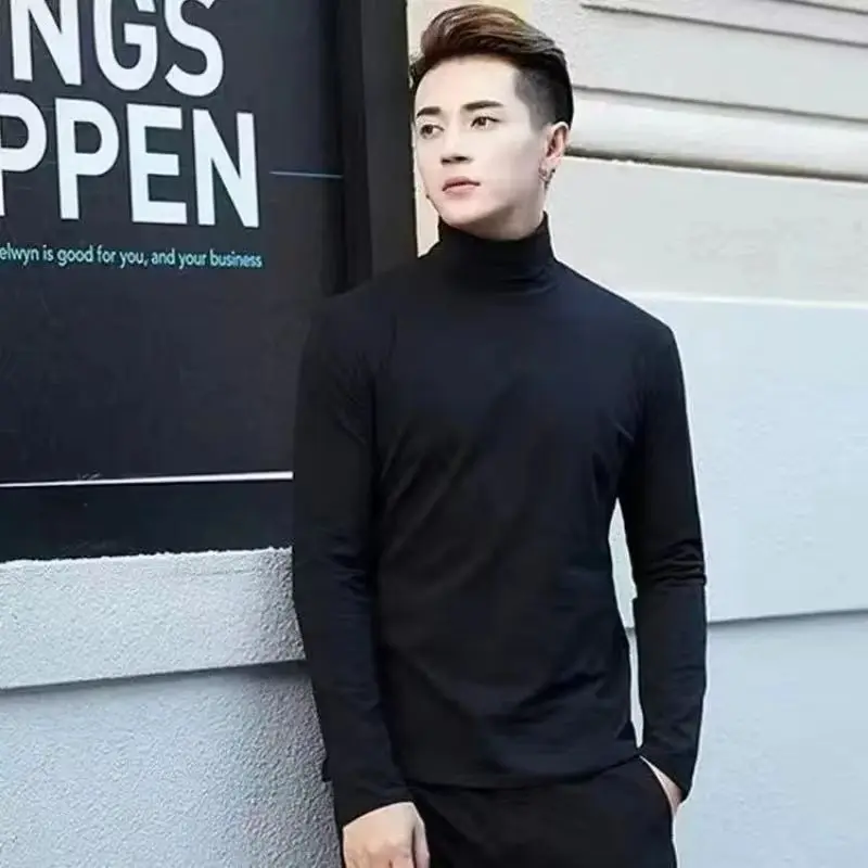 Camiseta de cuello alto para hombre, Jersey ajustado a la moda de manga larga de algodón elástico alto, ropa informal transpirable, Otoño e Invierno