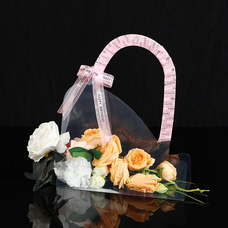 

10pcs PET Transparent Flower Handbag with Handle Multifunctional Flower Bouquet Wrapping Boxes Clear Flower Bag Gift