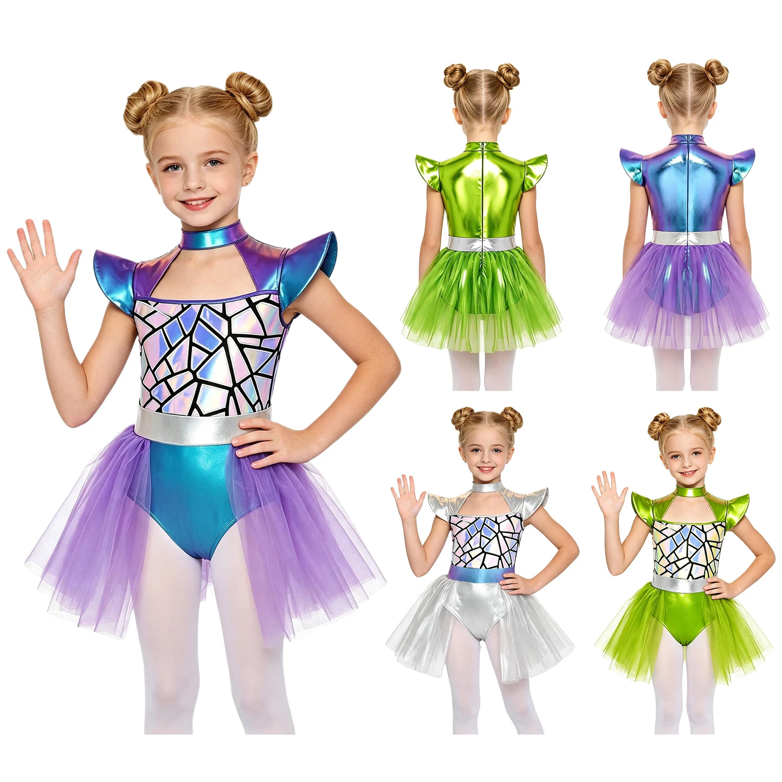 6-16Y Girls Halloween Alien Robot Space Cadet Dress Up Costume Metallic Shiny Sequin Cap Sleeve Ballet Dance Tutu Leotard Dress - view 3