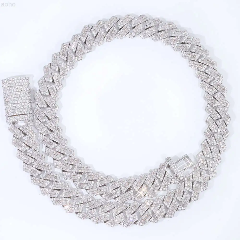 Miami Cuban Necklace 14mm Wide Baguette with Round Brilliant Cut Moissanite Vvs d Color S925 Cuban Link Chain