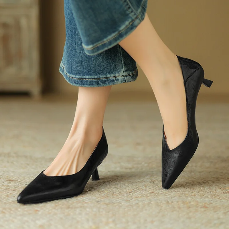 NEW Spring/Autumn Women Pumps Genuine Leather Shoes for Women Pointed Toe Thin Heel Shoes Cocise Black High Heels Stiletto Heels