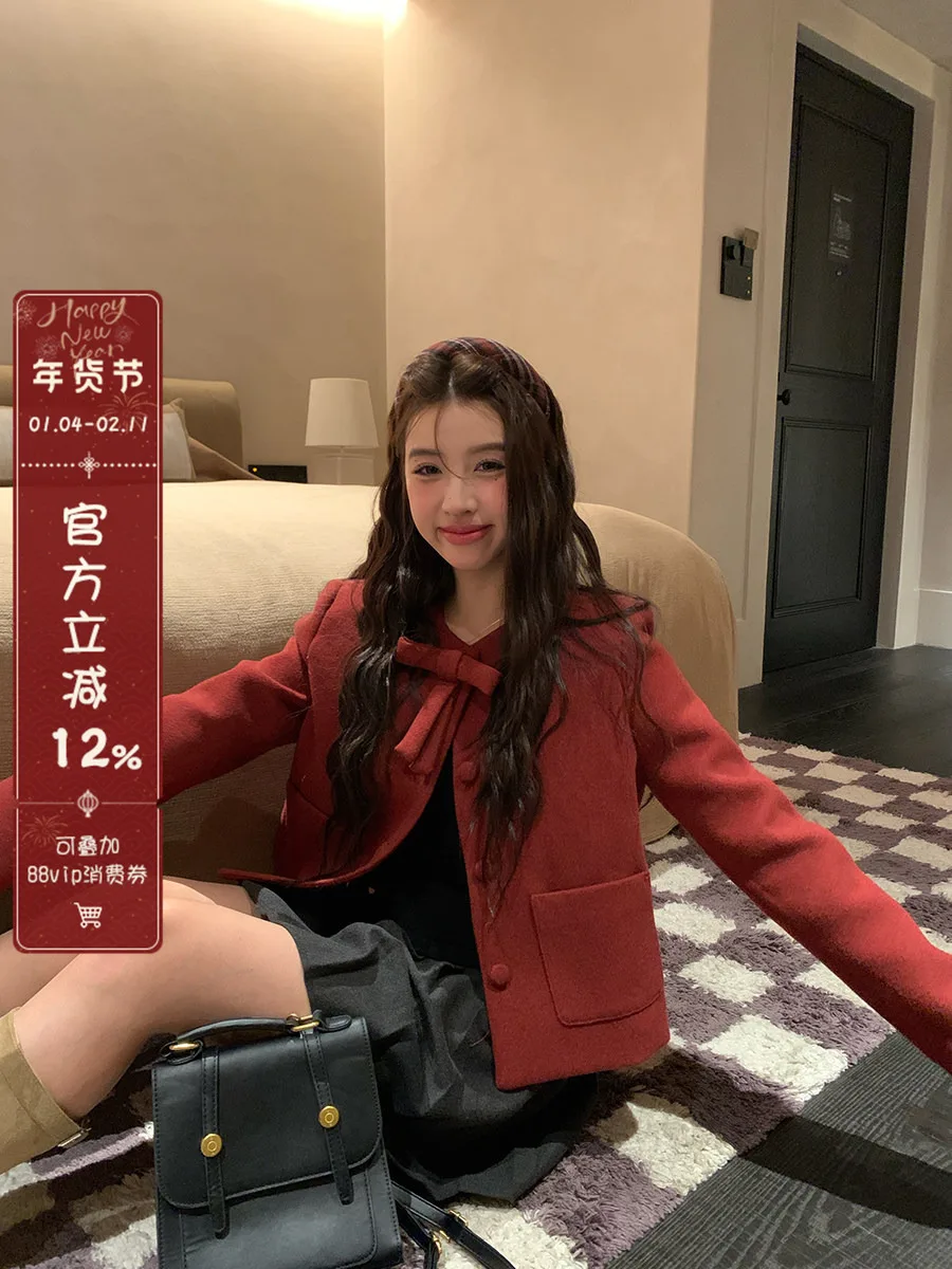 

Red Woolen Coat for Women Cisas New Year ort Knot Design Thiened Winter Outerwear Sweet Sle College Girl