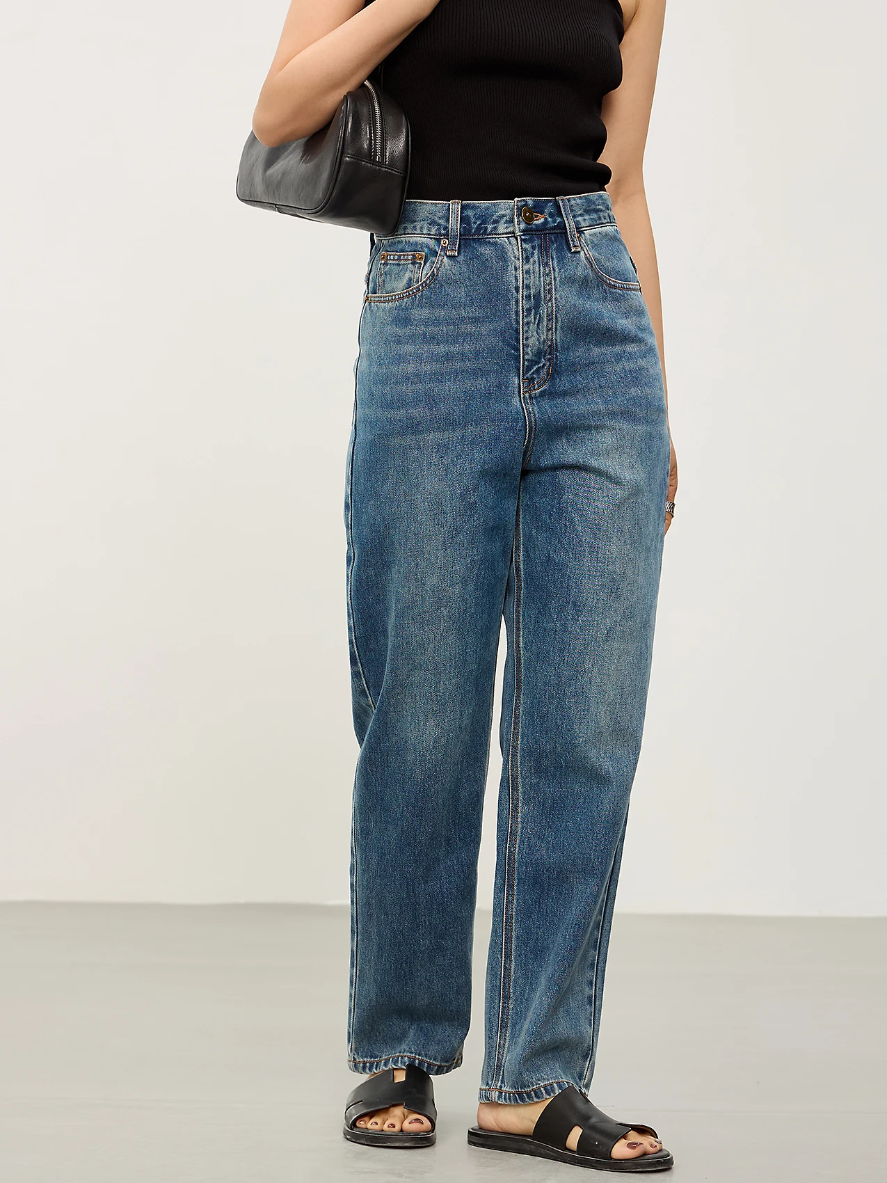 

Sli Retro Blue Pure Cotton High Waist Slimming Straight Leg Jeans Women's Spring High Waist Fitting Straight Cut Pants