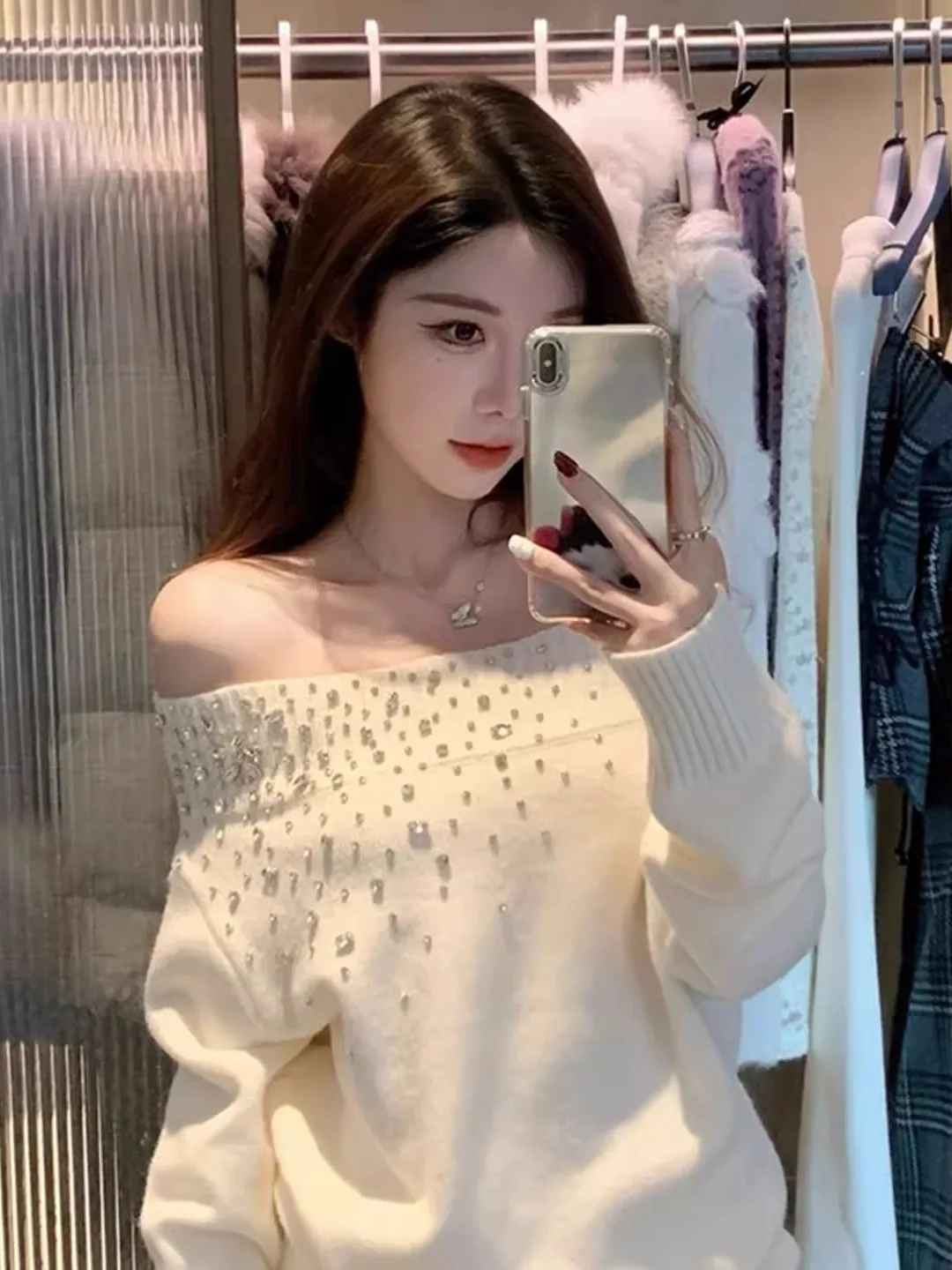 مثير الماس مزين فضفاض محبوك سترة المرأة الحلو واحد الكتف تصميم الخريف الشتاء جديد Sle الدافئة الحرارية Faion