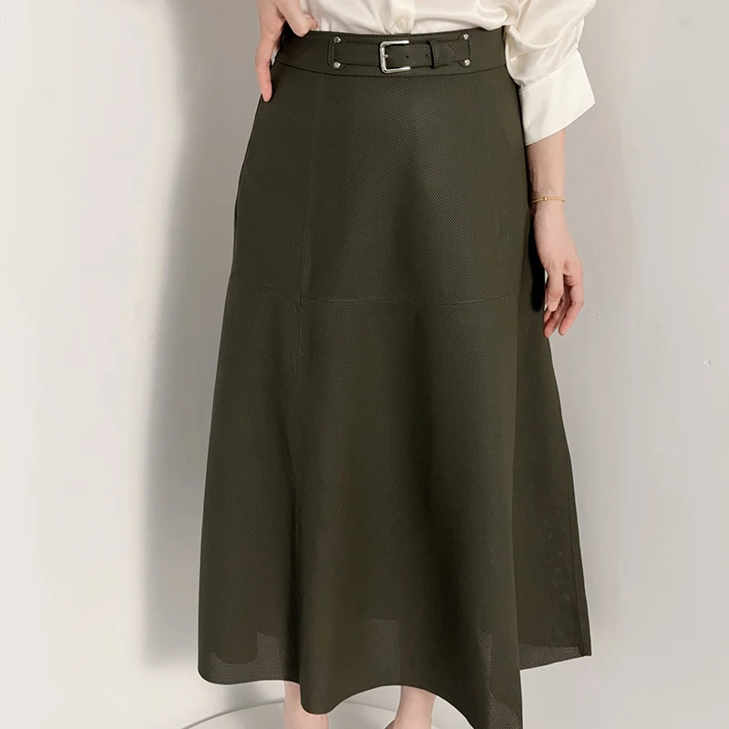 New Burgundy/Green Leather Skirt Women High Quality Sheepskin Openwork Perforated A-Line High Waist Fashion Belt Slim Long Saias