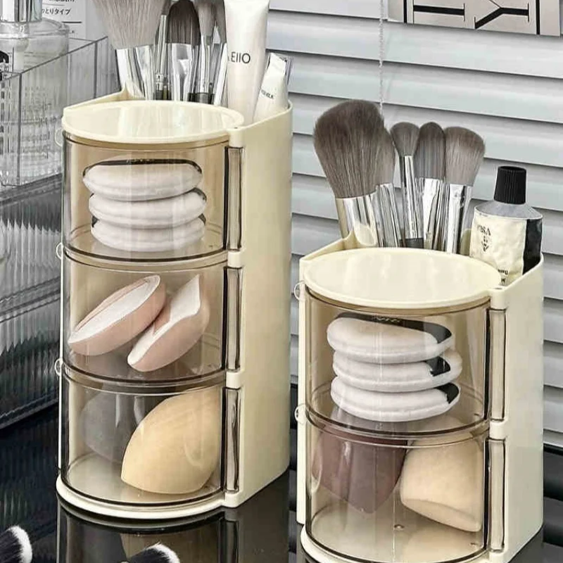 Makeup Brush, Powder Puff Storage Box, Rotating Dust-Proof Desktop, Makeup Cotton, Beauty Egg Storage Rack, Dressing Table