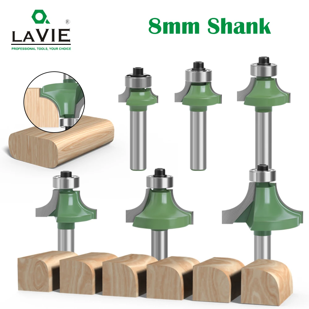 LAVIE 6pcs 8mm Corner Round Over Router Bit With Bearing Milling Cutter For Wood Woodworking Tool Tungsten Carbide MC02048