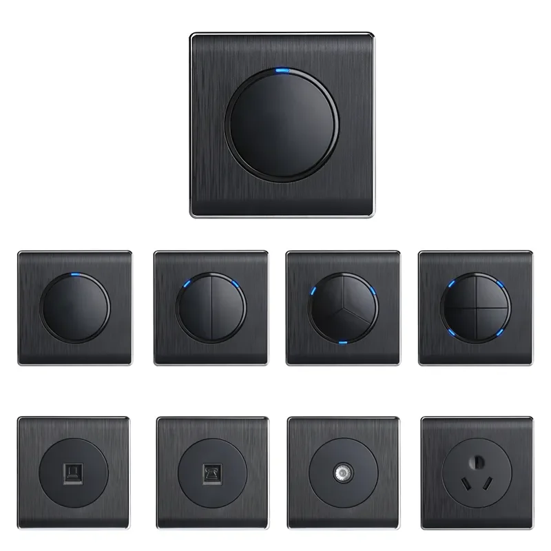 

Black Light Switch Round Push Button On Off Reset Wall Switch Brushed Frame Panel Led Dimmer Controller EU Socket RJ45 Outlet