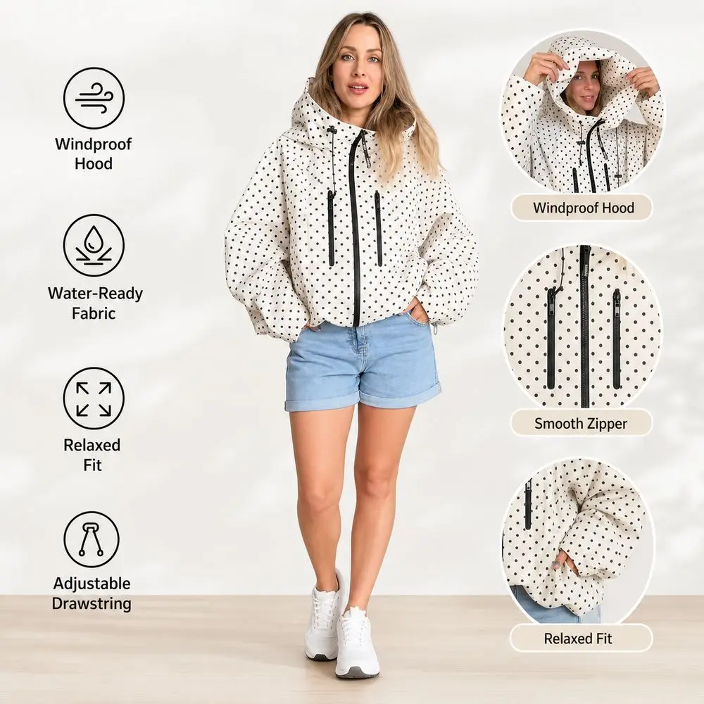 Polka Dot Hooded Windbreaker Jacket Wind Resistant Full Zip Closure Lightweight Raincoat Water Resistant Loose Fit