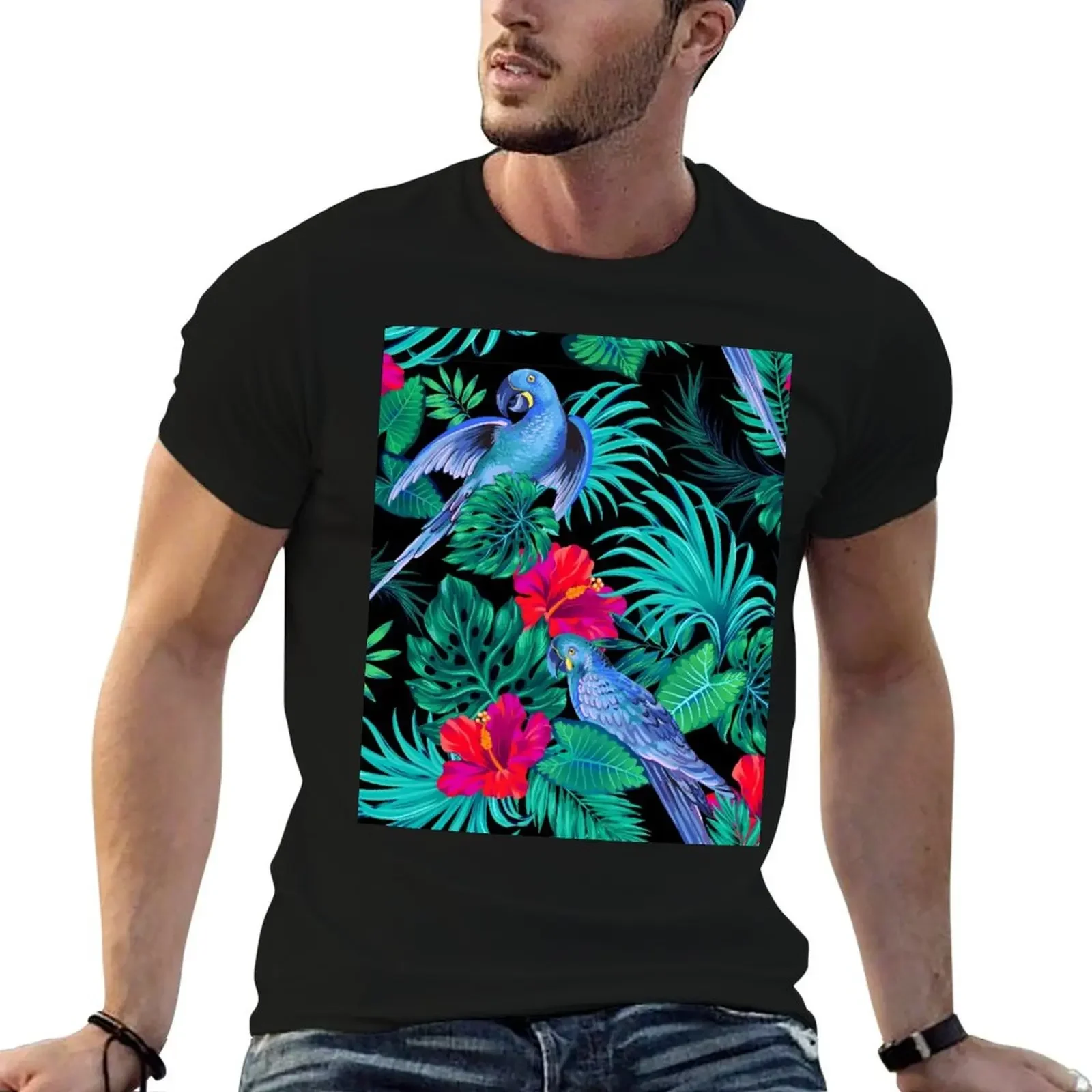 blue macaw parrots. T-Shirt summer top blacks quick-drying vintage vintage t shirt men