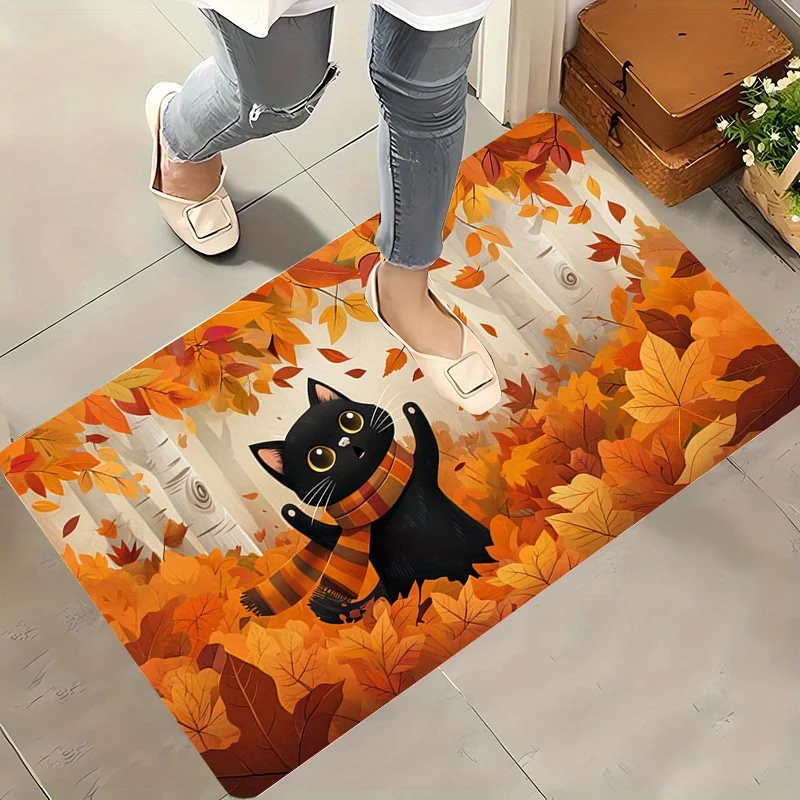 1pc‑Kitten‑Autumn‑Maple‑Leaf Print Welcome Doormat, Indoor‑Outdoor Floor Mat for Entryway, Living Room, Bedroom, Kitchen