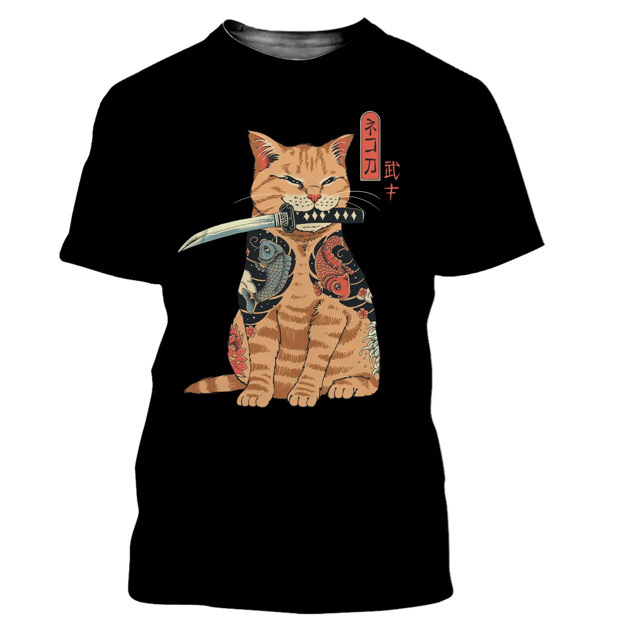 Samurai Cat T-shirt Men And Women Japan Harajuku Street Wear Cartoon Comfortable And Refreshing Breathable Otaku Summer Short