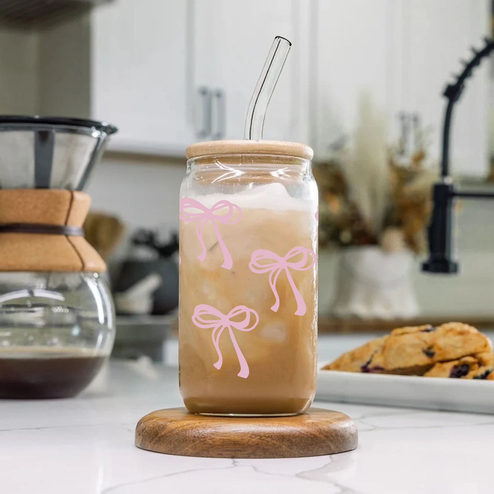 1Pc Pink Bow 3d Printed 16oz Soda Can Glass Coffee Cup With Lid&Straw Coffee Mugs Winter Coffee Glass Gifts For Her Party Gifts