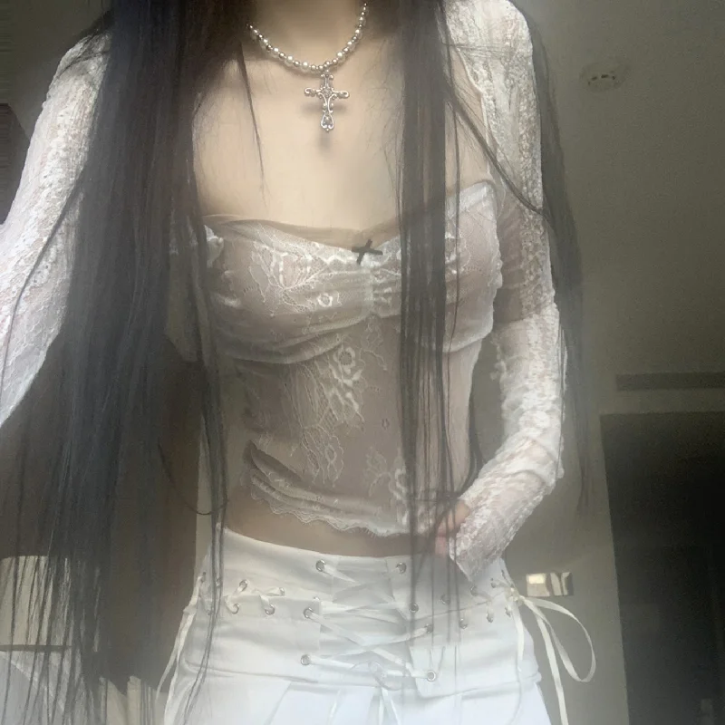 Set da donna sexy casual in due pezzi con canotta patchwork in pizzo, top a maniche lunghe per ragazze