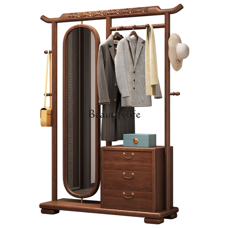 01New Chinese style integrated floor solid wood rotating full body mirror coat rack multi-function