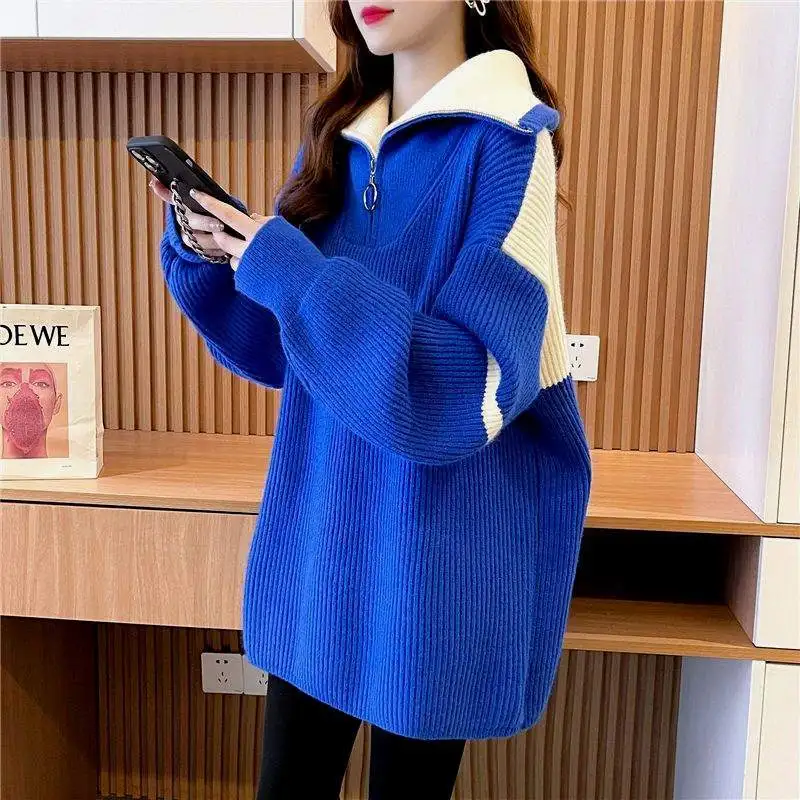 Thickened Long Sleeve Sweaters New Spring Autumn Color Block Turtleneck Zipper Fashion Casual Loose Mid Length Version Tops