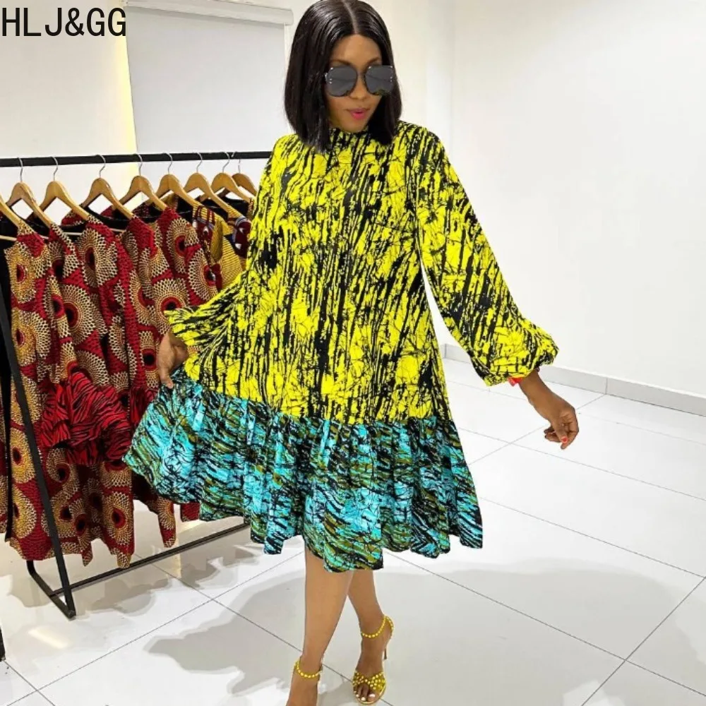 

HLJ&GG Fashion Printing Bandage Lantern Sleeve Loose Dress Women Round Neck Large Skirt Hem Vestidos Spring New Female Clothing