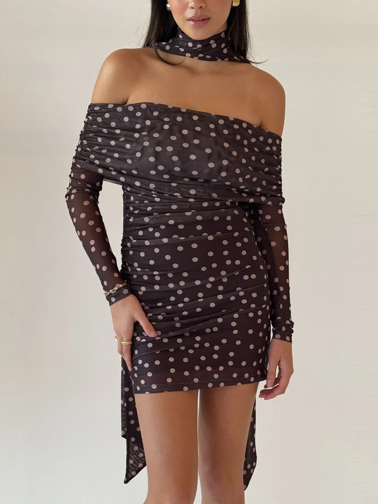 

Oniflyme Polka Dot Printed Mesh Mini Dress Women Autumn Slash Neck Long Sleeve Bodycon Ruched Party Dresses Sexy Streetwear Robe