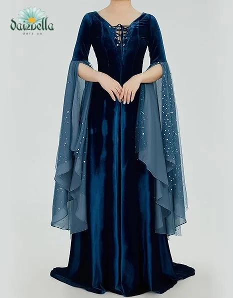 MEOWCOS Halloween Medieval Renaissance Costume Historical Retro Celtic Fairy Velvet Gown V-neck Lace-up Long Sleeves Dress