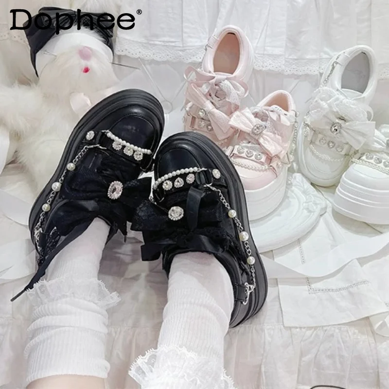 

Original Mine Mass Production Black Platform Muffin Shoes Spring Summer Students Sweet Cool Bow Lace-Up Lolita High Heel Pumps