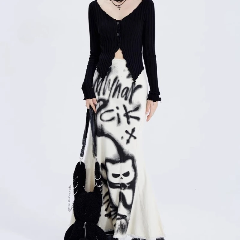 2025 Spring And Summer New Original Women's Apricot Long Skirt Cartoon Painted Fishtail High Waist Slim Fit Sexy Skirts Ladies