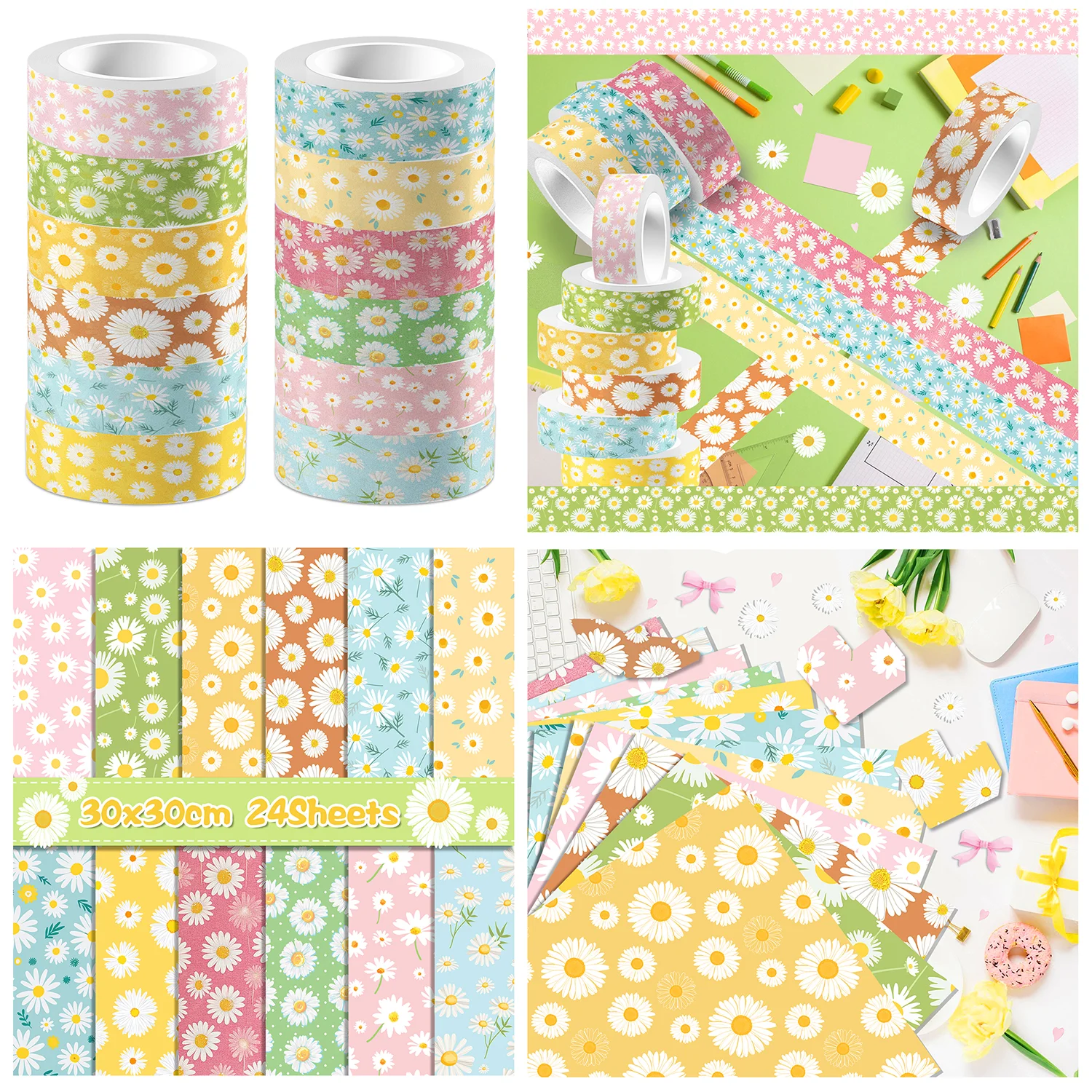 Colorful Daisy Washi Tape and Scrapbooking Paper Origami Art Background Paper Card Making For Birthday DIY Craft For Photo Album