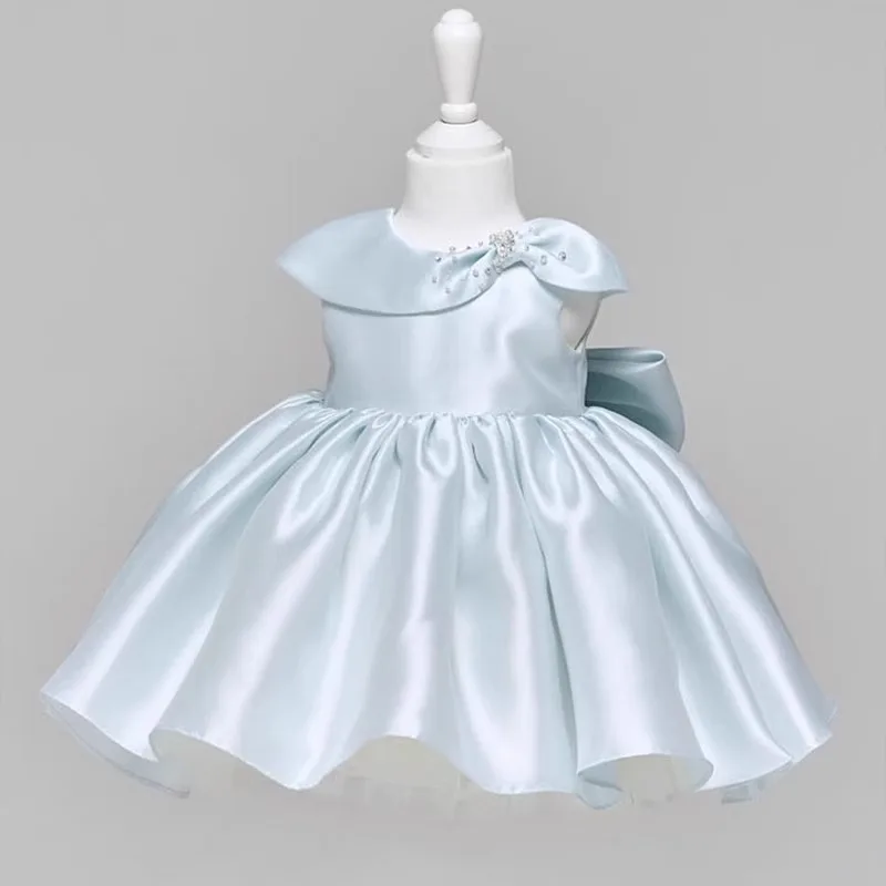 

High-end blue girls party dress 1-2 year baby birthday dresses 4-5T foreign-style flower princess fluffy satin 7-8years