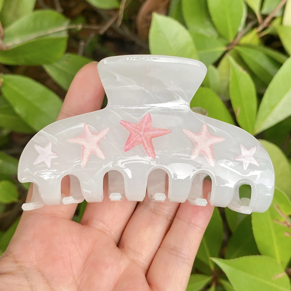 

New Starfish Print White Acrylic Crab Clamp Hair Clip Claw For Women Chic Geometric Hairpin Beach Hair Accessorie Tool Headwear