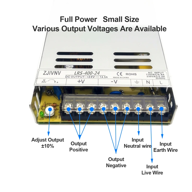 Imagem -03 - Fonte de Alimentação Comutada Smps Lrs400 Proteção contra Sobrecarga Saída Única Transformador de Pequeno Volume Magro 12v 24v 36v 48v 400w