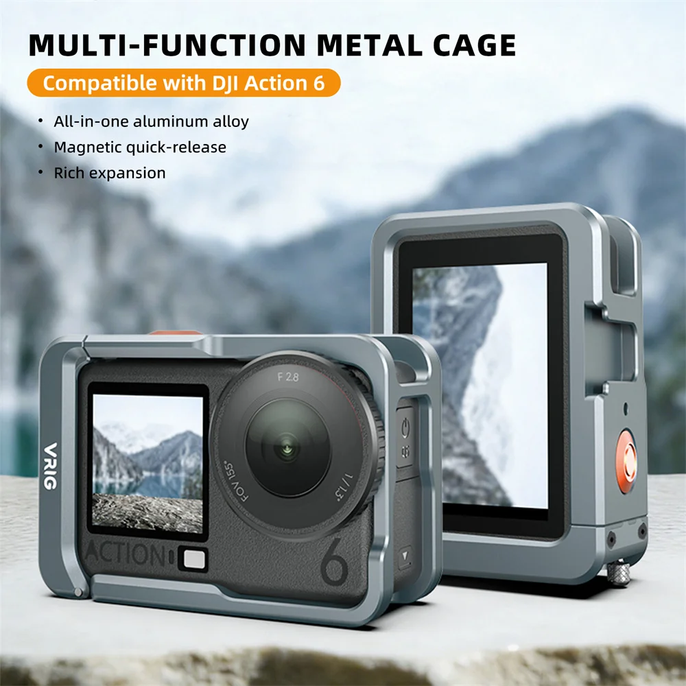 

Ударопрочная алюминиевая рамка VRIG GA-15 для DJI Action 6/5 Pro, металлический кейдж с магнитным быстросъемным креплением для уличной съемки