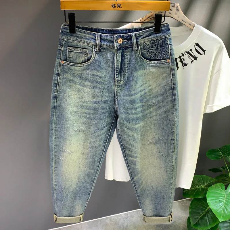 2025 New Simple Design Scratched Simple Jeans Men's Embroidered Loose Casual Heavy Weight Denim Pants