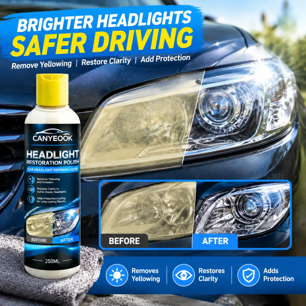 CANYEOOK Headlight Repair Cream 250ml, Renewal Liquid for Foggy Yellowed Lamps, Remove Oxidation, Restore Clarity