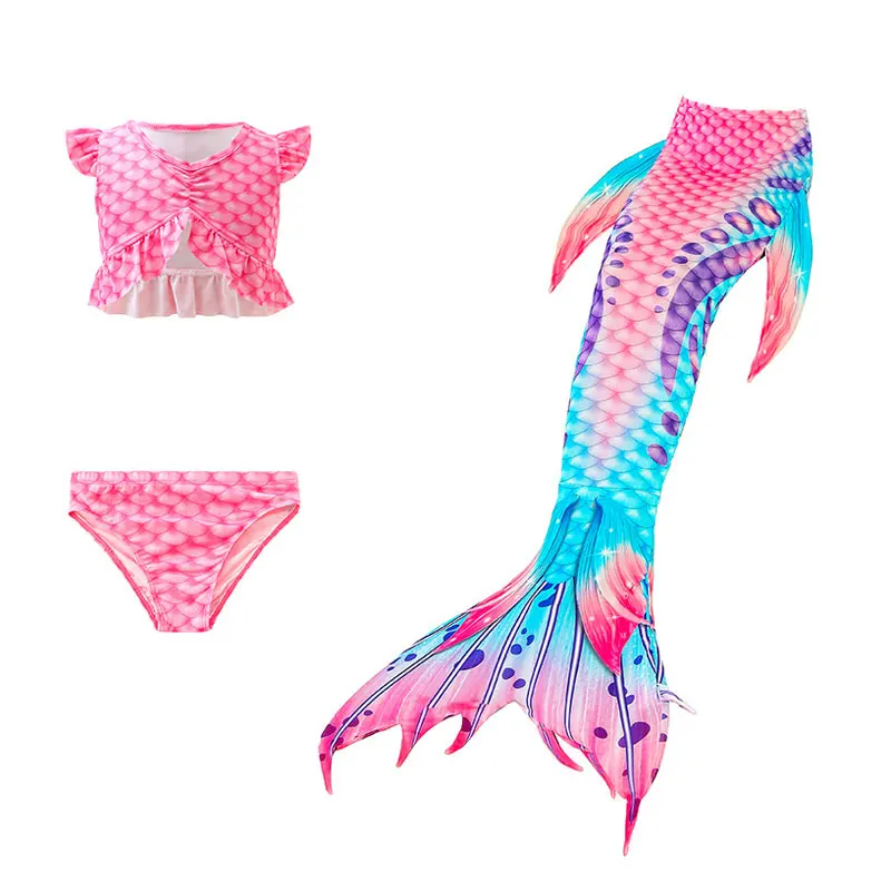3-12 Years Girls Swimming Mermaid Tail Bikini Bathing Suit Flippers Head Garland Children Mermaid Beach Swimsuit Cosplay