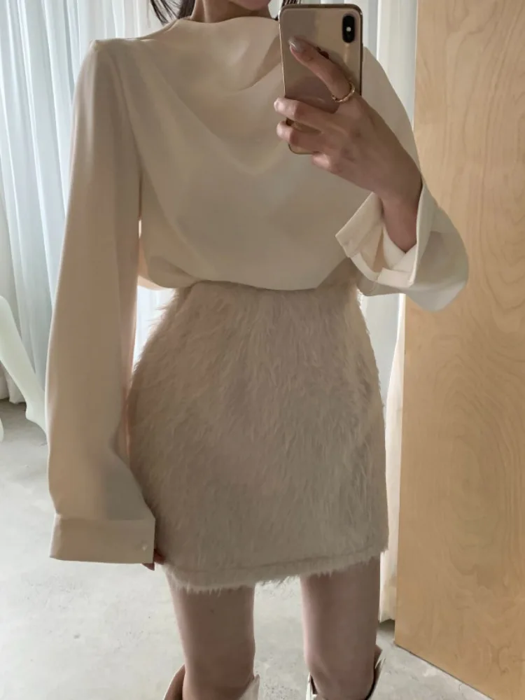 Ele Chic Pure Color Long Sve Round Ne Loose Damen Irt Casual Vielseitiges Frühlingsfaion Top Quali Polyester