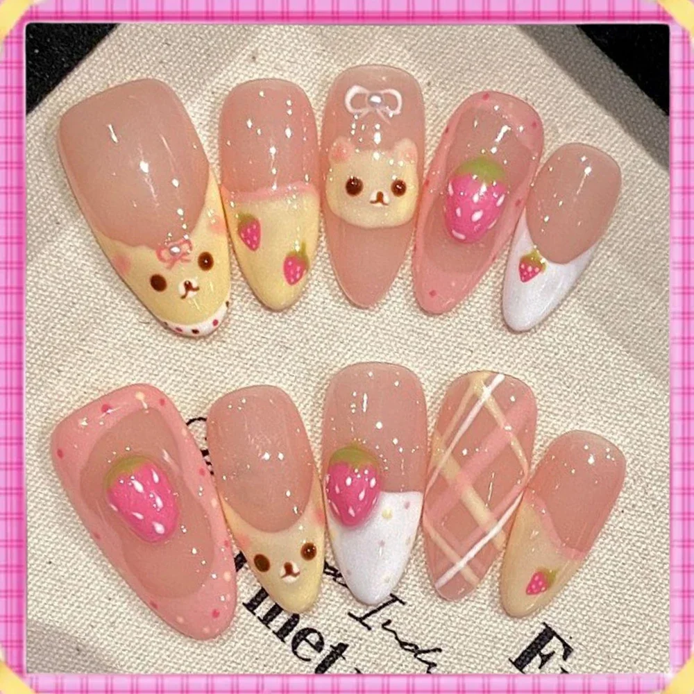 10Pcs Almond Press on Nails with Pink Strawberry Bear Design Acrylic False Nails Cute French Full Cover Nail Tips Summer Girl