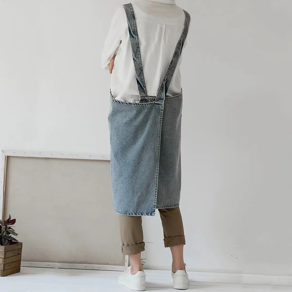 Neutral style pullover washed denim anti-fouling apron,Simple style,100% cotton,Large size,One-size,Kitchen apron,Work apron