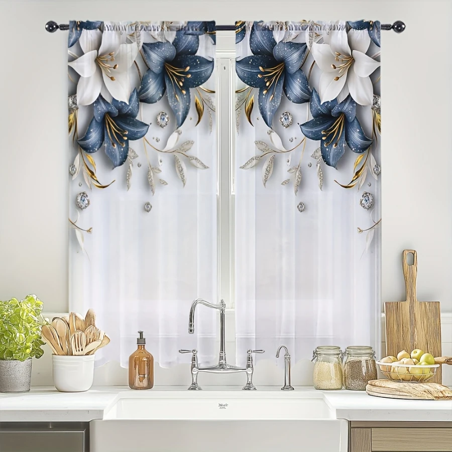 2PCS Digital Print Sheer Curtains, Blue Crystal Lily Flower, Elegant Gemstone Floral for Bedroom Living Room Home Decor