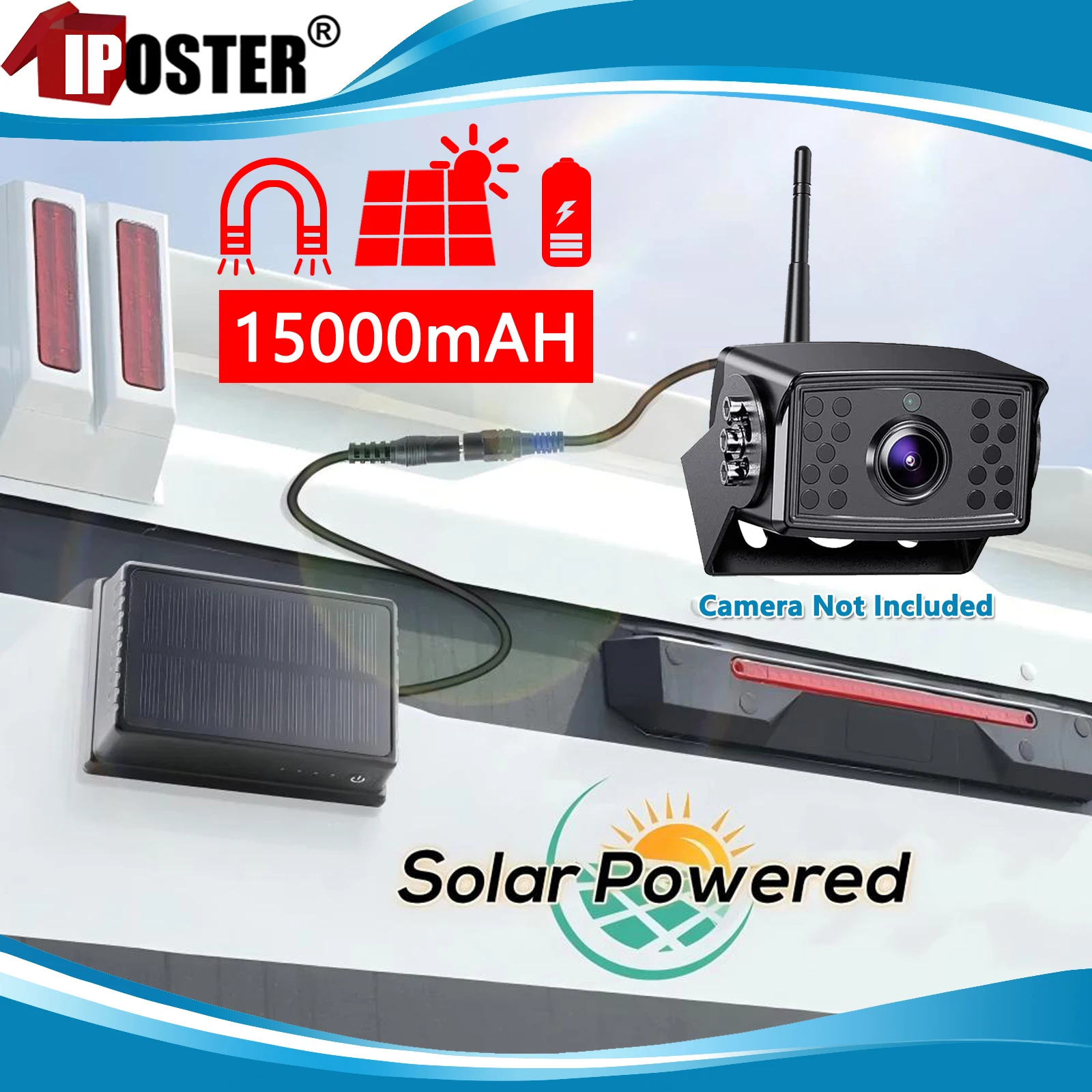 

iPoster Waterproof Magnetic Base Solar 15000mAh Rechargeable Battery Power Bank 12V DC For Wireless Backup Camera / DVRMonitor