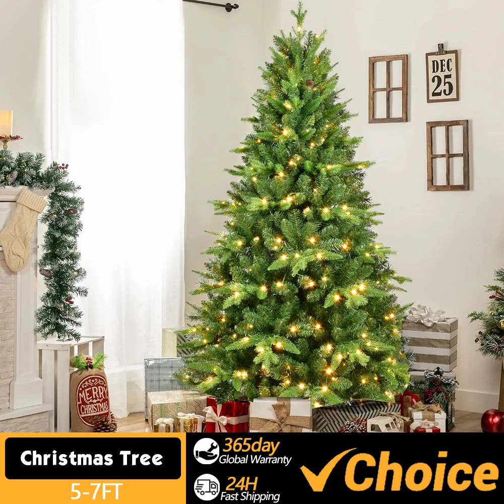 

5-7FT Pre-lit Artificial Christmas Tree Automatic Open PE/PVC Mixed Flocking Xmas Tree with LEDS Warm White Lights Metal Stand